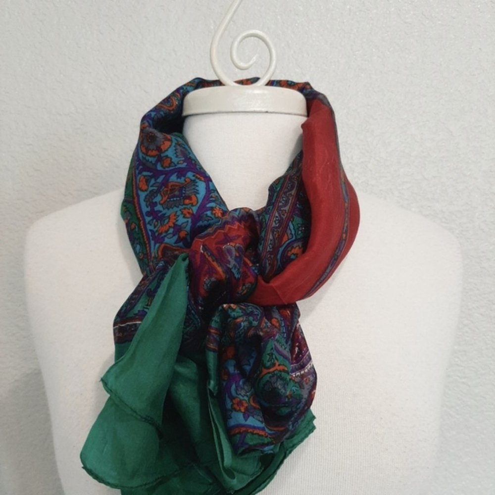 Vintage 100% Silk Teal and Red Paisley Print Scarf